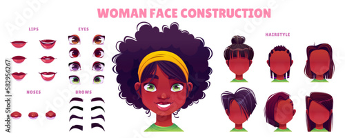 Cartoon african woman face avatar construction for animation. Girl character with set of hairstyle, mouth, eye and brow element to create female portrait. Game user teen custom facial generator.