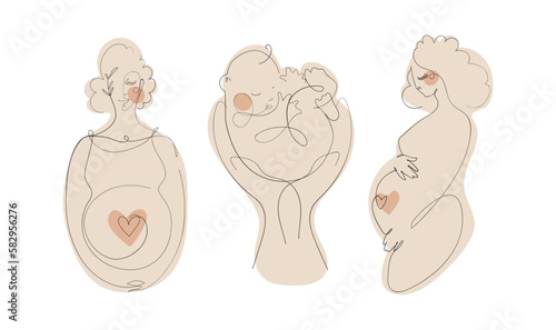 A set of illustrations with a beautiful pregnant woman and a newborn baby in the hands of a father, hand drawing continuing line, pregnancy and motherhood, vector illustration isolated on a white