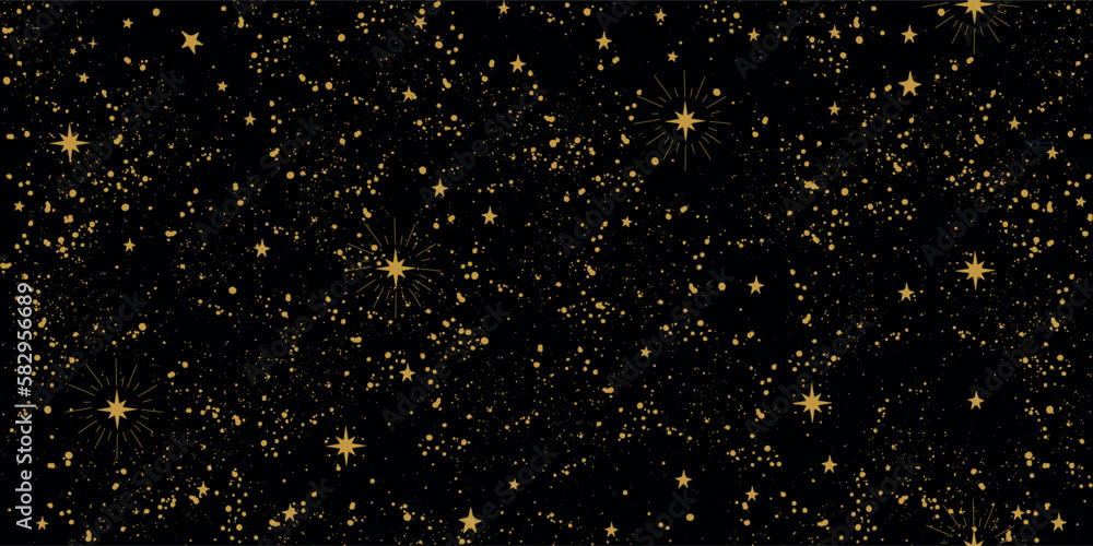 Seamless space tarot pattern with gold stars on a black background for zodiac, mysticism, astrology. Magic sky, abstract esoteric ornament. Vector illustration. Seamless space tarot pattern with gold stars on a black background for zodiac, mysticism, astrology. Magic sky, abstract esoteric ornament. Vector illustration.