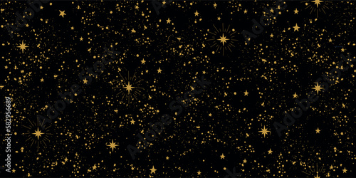 Seamless space tarot pattern with gold stars on a black background for zodiac, mysticism, astrology. Magic sky, abstract esoteric ornament. Vector illustration.