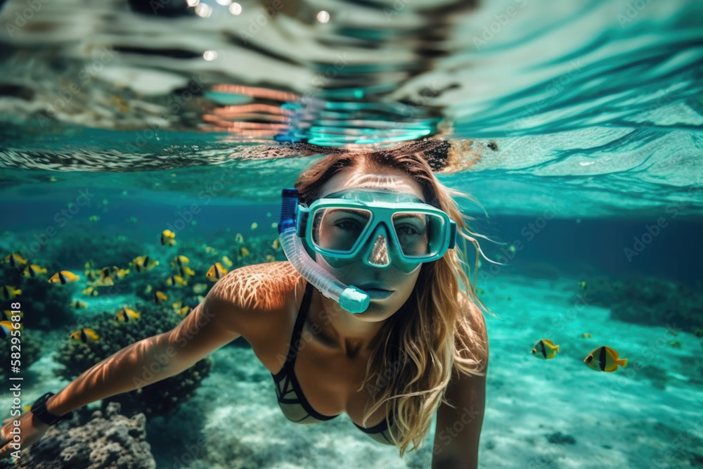 Fototapeta premium Young woman at snorkeling in the tropical water. Generative AI.