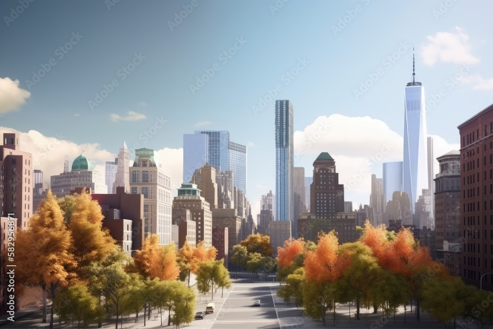 New York im Herbst mit Wolkenkratzern und Bäumen mit Herbstlaub, generative AI