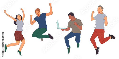 Young people are jumping happily. dynamic character. outline simple vector illustration. © dodomo