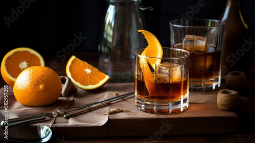Old Fashioned drink made with bourbon or rye whiskey, sugar, bitters, and a twist of citrus in glass. Generative AI