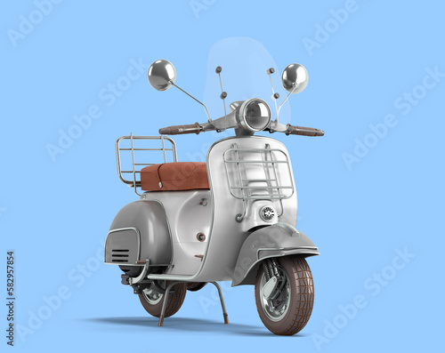 White retro scooter personal transport for busines perspective view 3d render on blue background
