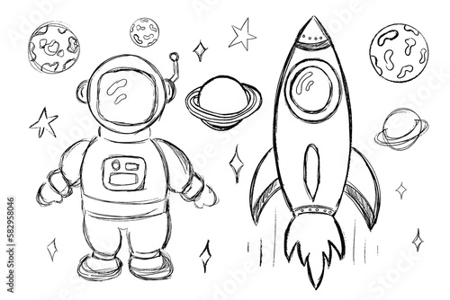 Set of cute sketch planets, stars, rocket and astronaut isolated on white background. Baby kids design