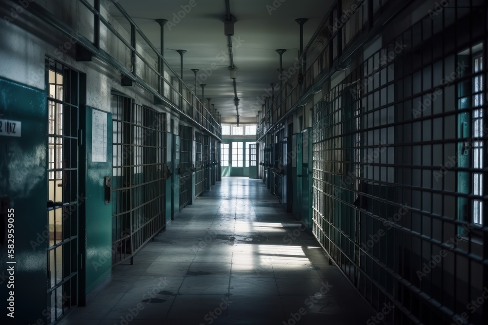 Prison corridor, jail cell and open metal bars door, empty dark facility interior, generative ai