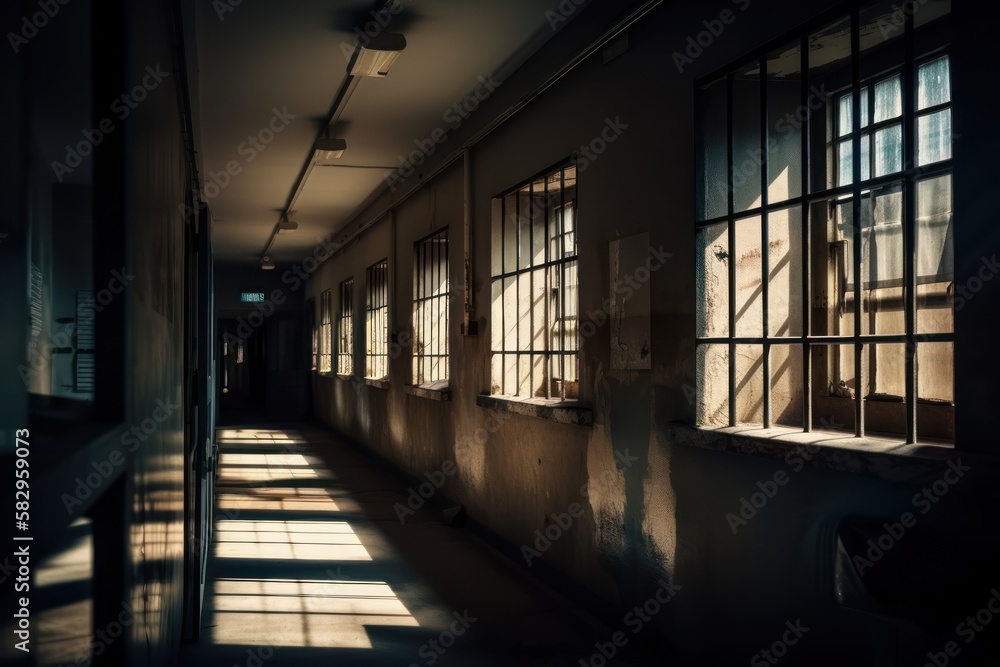 Prison corridor, jail cell and open metal bars door, empty dark facility interior, generative ai Prison corridor, jail cell and open metal bars door, empty dark facility interior, generative ai