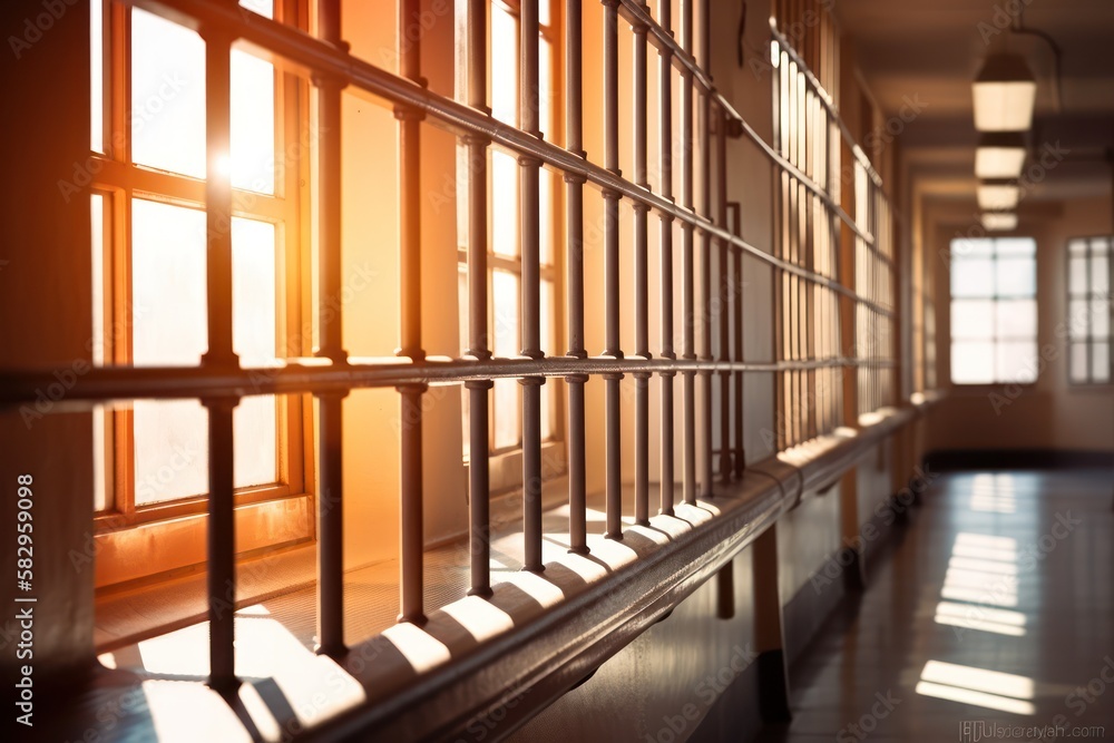 Prison corridor, jail cell and open metal bars door, empty dark facility interior, generative ai Prison corridor, jail cell and open metal bars door, empty dark facility interior, generative ai