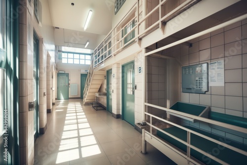 Prison corridor, jail cell and open metal bars door, empty dark facility interior, generative ai
