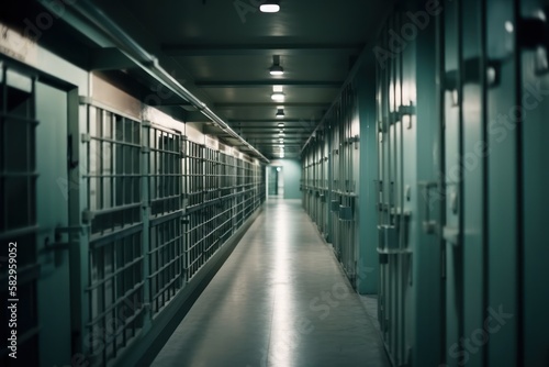 Prison corridor, jail cell and open metal bars door, empty dark facility interior, generative ai