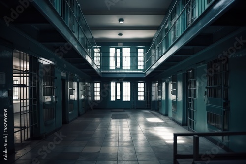 Wallpaper Mural Prison corridor, jail cell and open metal bars door, empty dark facility interior, generative ai Torontodigital.ca