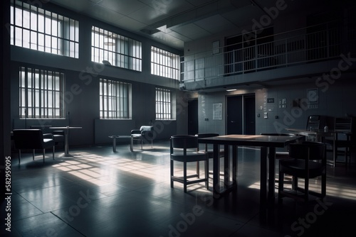 Prison corridor, jail cell and open metal bars door, empty dark facility interior, generative ai © Rawf8