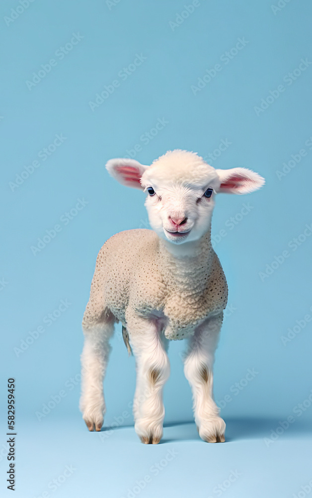 Fototapeta premium Animal creative concept on pastel blue background. Small baby domestic animal, cute baby white sheep, little lamb. Illustration, Generative AI.