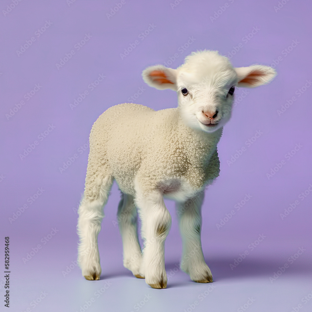 Obraz premium Animal creative concept on pastel blue background. Small baby domestic animal, cute baby white sheep, little lamb. Illustration, Generative AI.