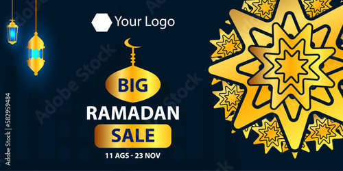 Islamic Lantern Month, Ramadan Sale banner decorated with glowing hanging lamps and beautiful floral design. for greetings Banners, poster mega sale discount