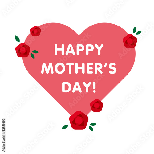 母の日のタイトル入りバラのイラストとピンクのハートフレーム