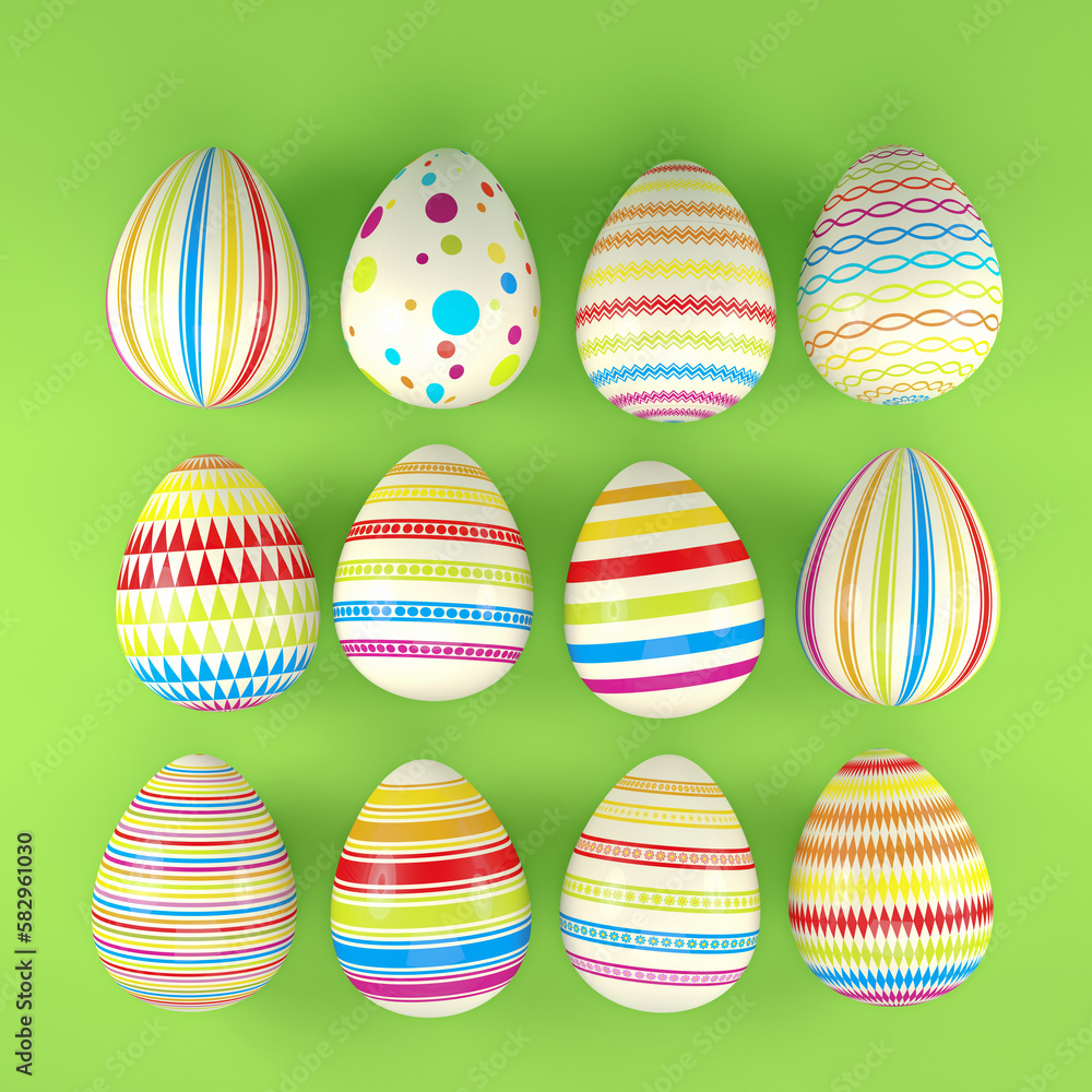 3d render of 12 colorful easter eggs on green background. - Vacation background