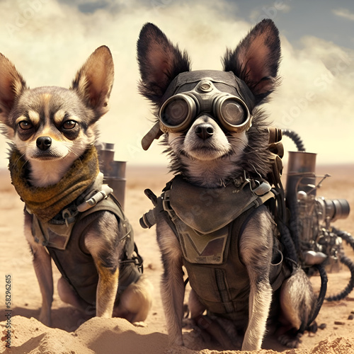  chihuahuas post apocalyptic scene in the desert on a motorbike, generative ai