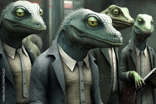 portrait of a lizard men in business suit , conspiracy theory concept, generative ai photo