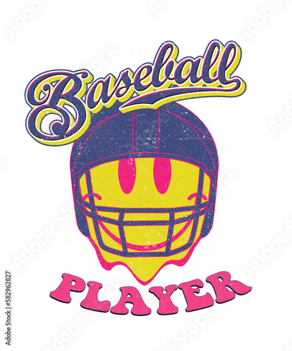 Modern distorted melting face illustration print with baseball player slogan for graphic tee t shirt or sticker poster - Vector