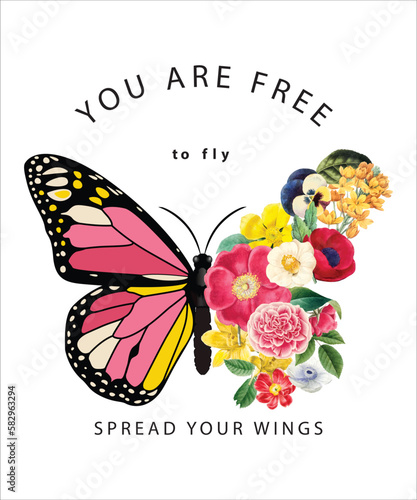 You are free to fly slogan or text with colorful flowers in butterfly half shape illustration