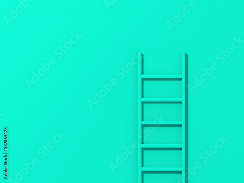 Turquoise staircase on Turquoise background. Staircase stands vertically near wall. Way to success concept. Horizontal image. 3d image. 3D rendering.