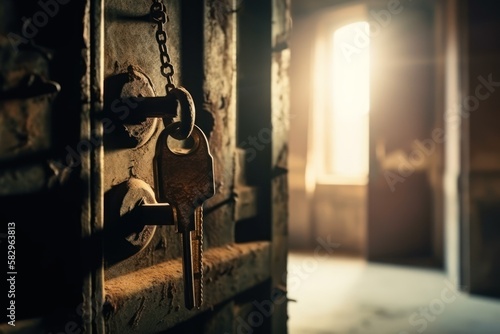 Padlock and key on the jail door in prison, generative ai