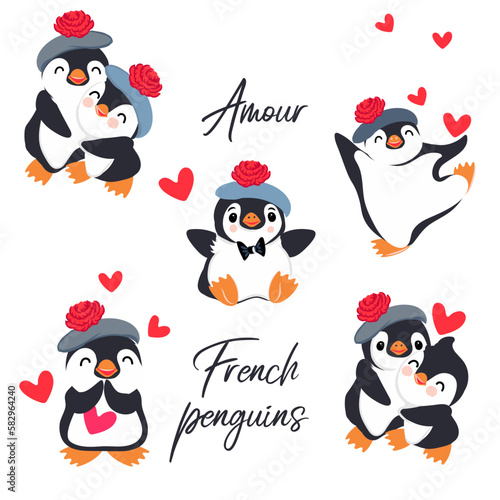Collection of vector cute cartoon French romantic penguins