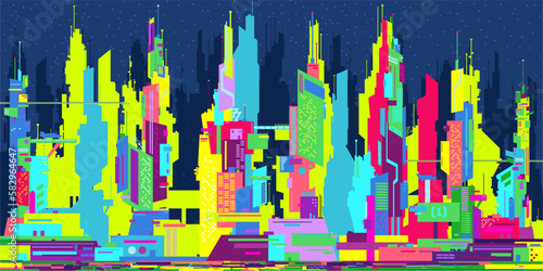 Colorful Abstract Futuristic Sci-fi Cyber Space City Landscape Vector Illustration