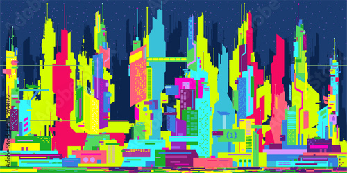 Neon Colorful Trendy Abstract Futuristic Sci-fi Cyber Space City Landscape Vector Illustration