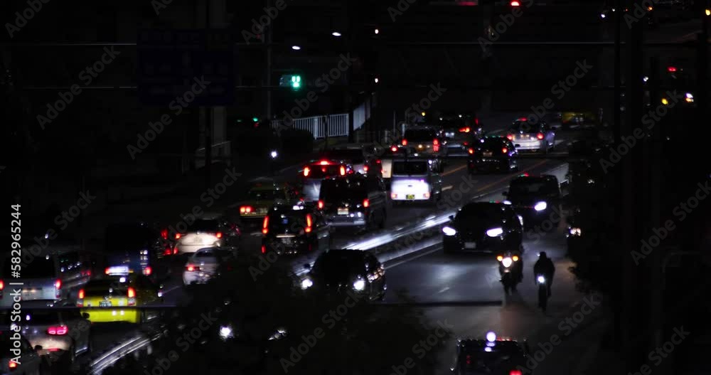 A night traffic jam at Yamate avenue in Tokyo long shot A night traffic jam at Yamate avenue in Tokyo long shot