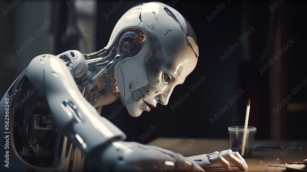 Fototapeta premium Roboter, Malerei, Kunst, Technologie, Innovation, Maschine, Fortschritt, Zukunft, Kreativität, Pinsel, Leinwand, Farbe, Automatisierung, Programmierung, Robotik, Industrie 4.0, Mensch-Maschine-Interak