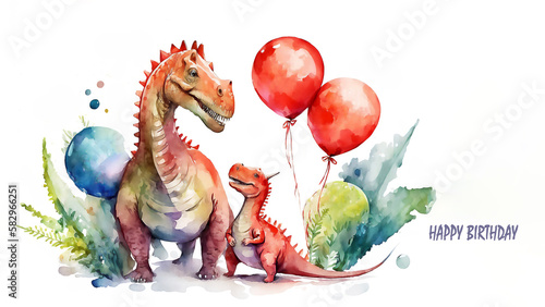 Watercolor illustration of cute dinosaur with colorful balloons. Greeting birthday card,  poster, banner for children. White background. AI generated © bit24