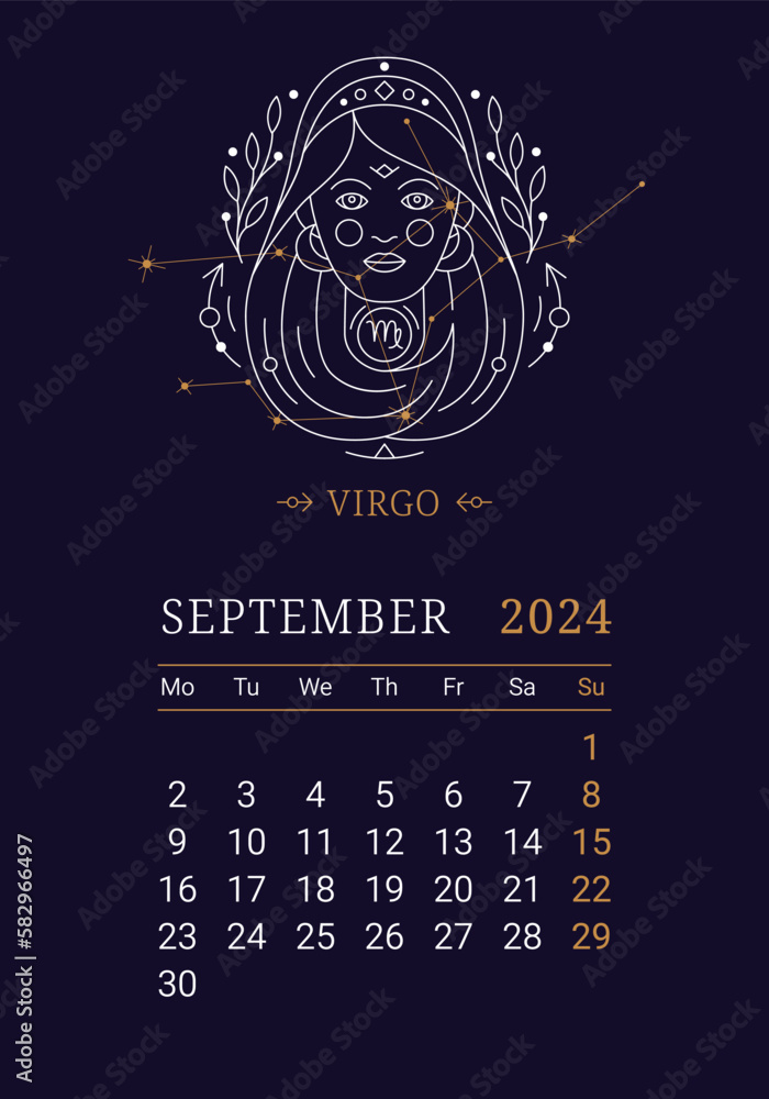 2024 Astrology wall monthly calendar with Virgo zodiac sign. September