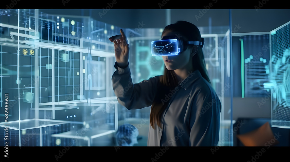 Auf dem Bild ist eine Frau zu sehen, die eine VR-Brille trägt und in eine holografische Darstellung von Statistiken vertieft ist - obrazy, fototapety, plakaty 