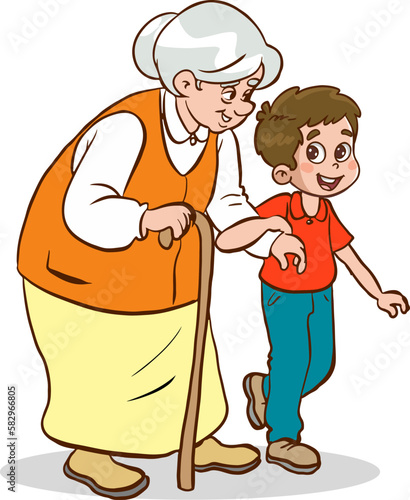 child helping old woman.old woman and child walking on crosswalk cartoon vector