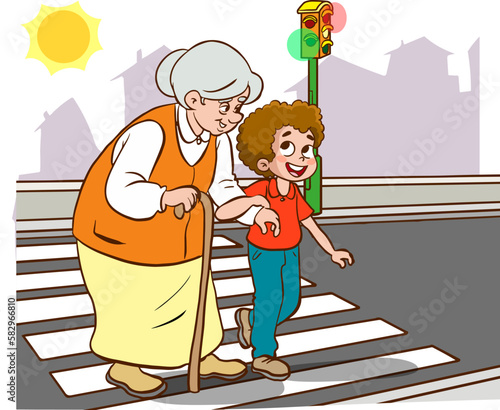 child helping old woman.old woman and child walking on crosswalk cartoon vector