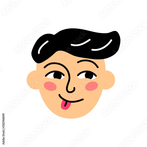 Teasing boy showing his tongue avatar. Schoolboy in good mood. Cute child face portrait with positive facial expression hand drawn doodle sketch vector illustration isolated on white