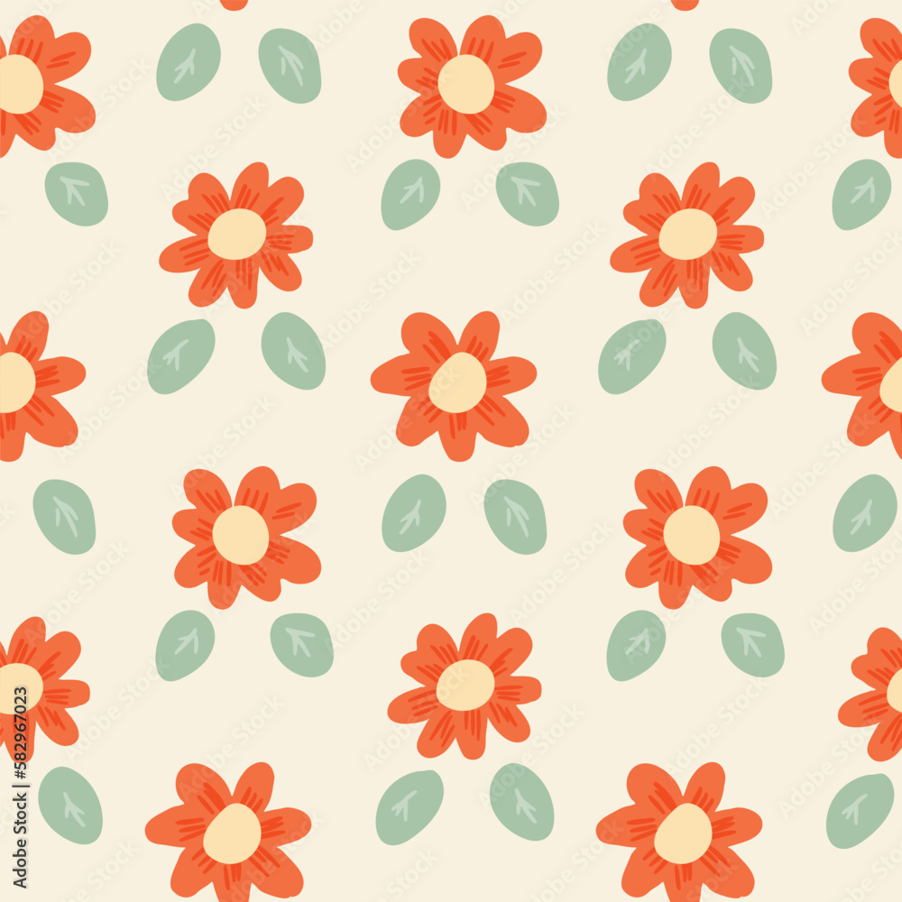 Simple hand painted flowers arranged beautifully forming a flowerbed in  orange and mint on off white background. Great for home decor, fabric,  wallpaper, gift-wrap, stationery, and packaging. Stock Vector