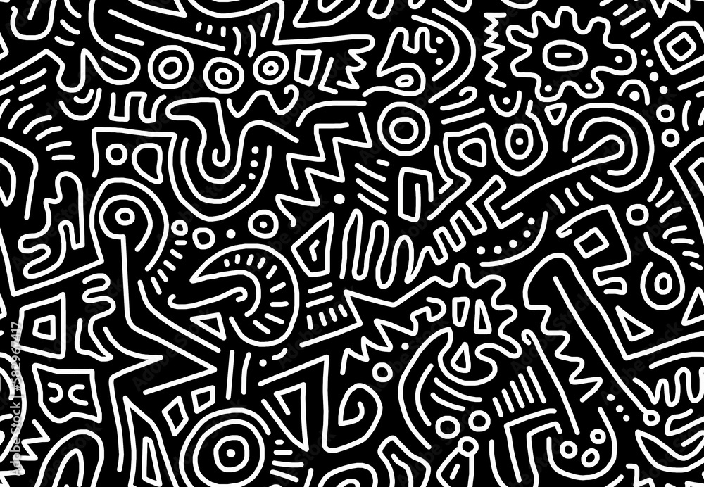 Black and white abstract drawing hand-drawn in scribbles on a black background.Seamless pattern.
