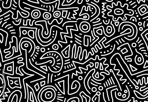 Black and white abstract drawing hand-drawn in scribbles on a black background.Seamless pattern.