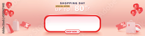 3D style Shopping day pink Sale banner template design for web or social media. Vector banner template.