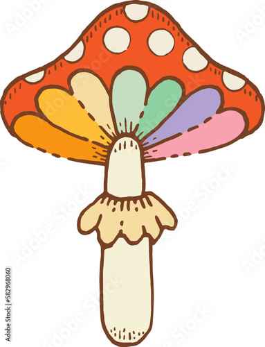 Mushroom sticker. Retro hand drawn sketch. Disco 70s style illustration. Doodle vector cartoon. Groovy rainbow mushroom. Red fly agaric. Summer vintage magic icon. Witch mystic trance. Hippy vintage