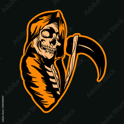 Hand drawn illustration of a grim reaper skull vector design