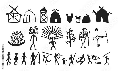Cave painting prehistoric rock art hand drawn sketch style vector illustration set. Rock age cave paintings set with prehistoric tribal people and village buildings and stuff.