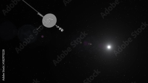 Voyager 1 Travelling to Past Rotating Camera Heading Towards Deep Space with Distant Sun Flare and Stars Background 4K photo