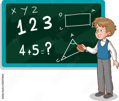student erasing blackboard in class cartoon vector