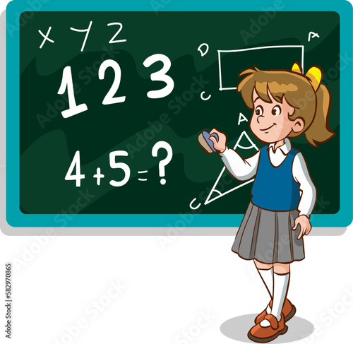 student erasing blackboard in class cartoon vector