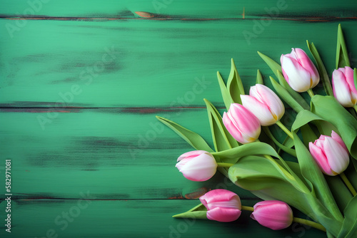 Tulip border with copy space. Beautiful frame composition of spring flowers. generative ai. Bouquet of pink tulips flowers on green vintage wooden background